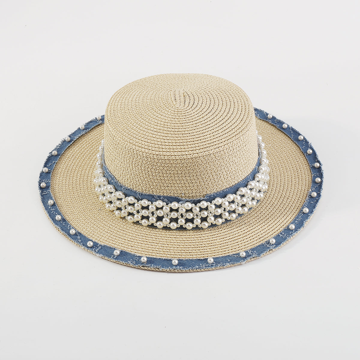 Q0125 Summer Straw Sun Hats With Pearl Wide Brim Hat