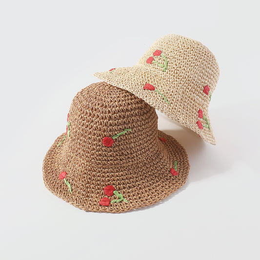 Q0169 Cherry Crochet Raffia Beach Bucket Sun Hat