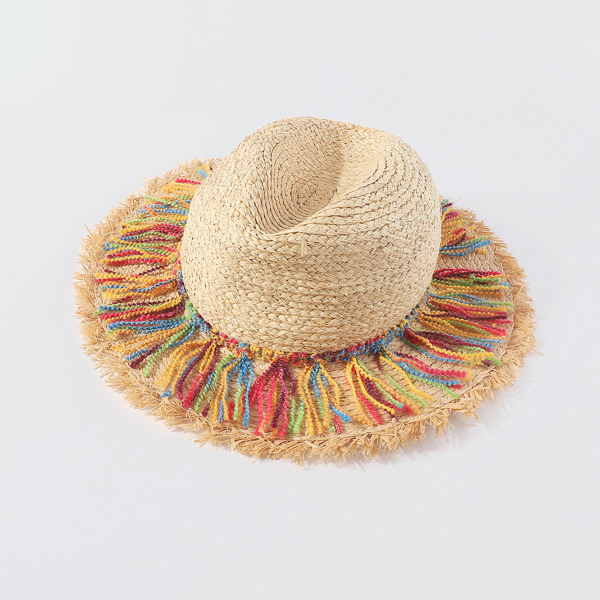 Q0175 Rainbow Tassel Fray-Hem Sun Hat