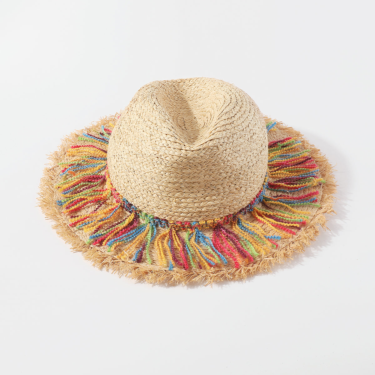 Q0175 Rainbow Tassel Fray-Hem Sun Hat