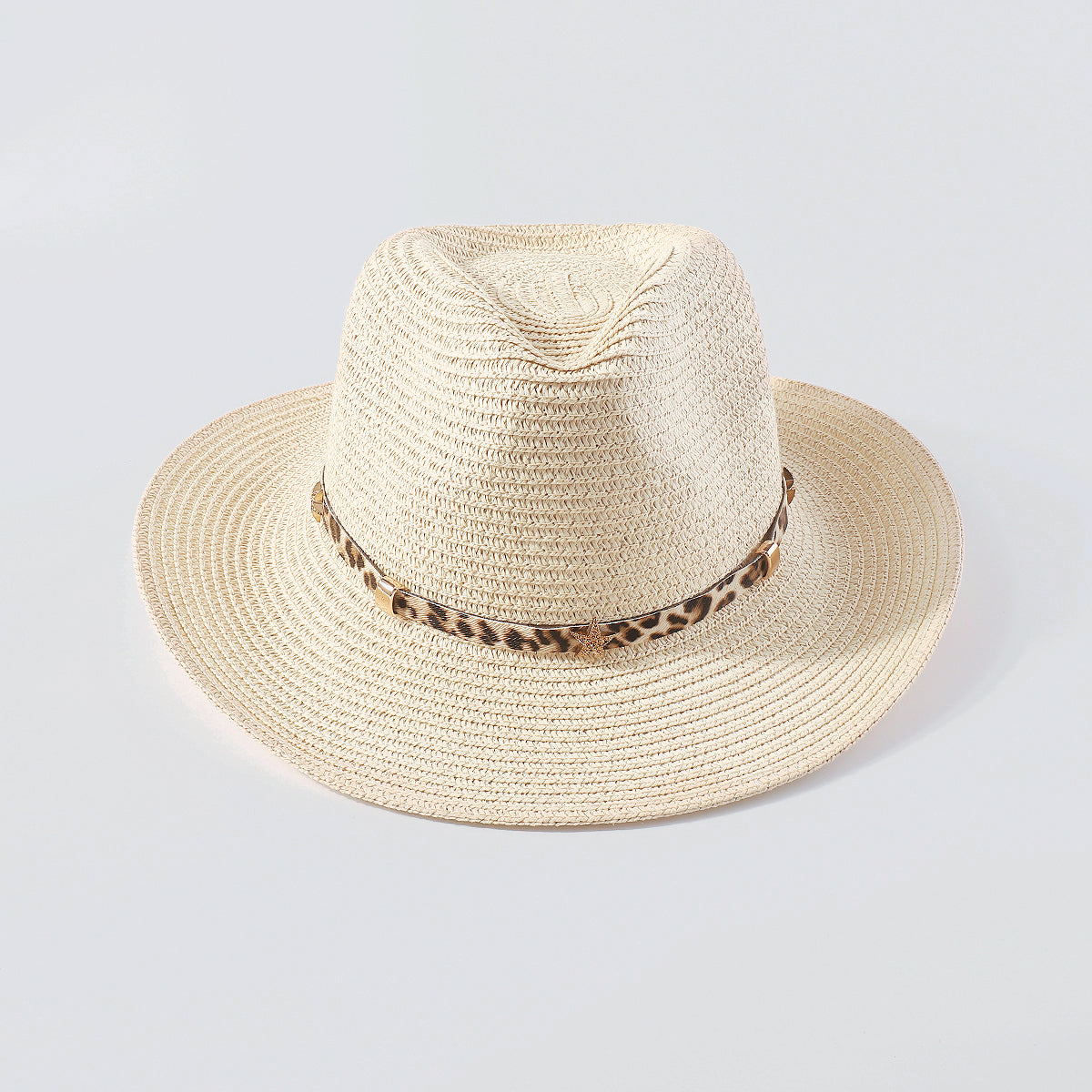 Q0179 Panama Soft Wide Brim w/Leopard Leather Straw Hat