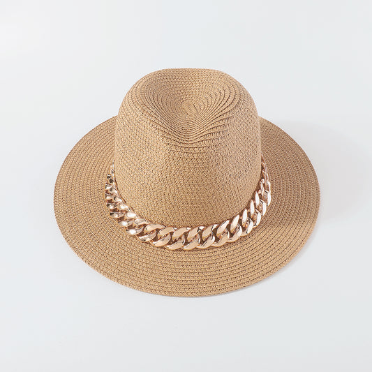 Q0184 Raffia Thick Chain Summer Sun Hats