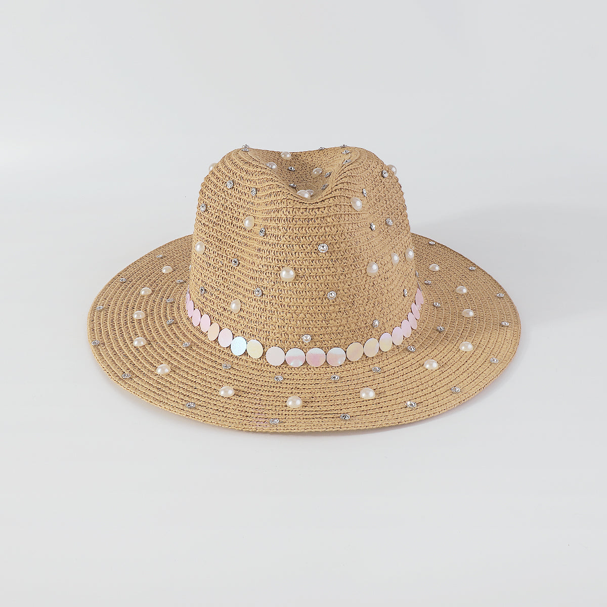 Q0234 Full Rhinestone Pearls Raffia Fedora Sun Hat