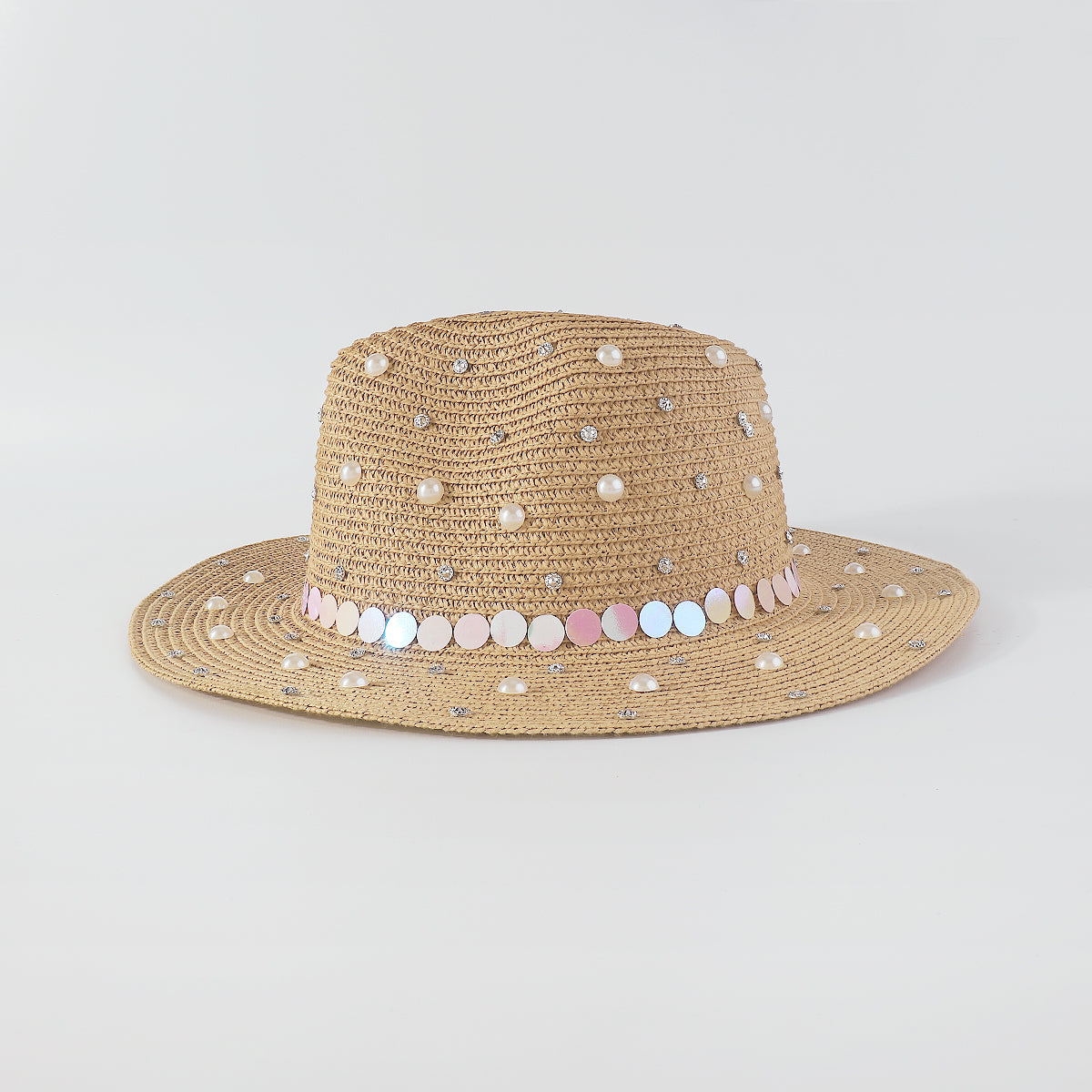 Q0234 Full Rhinestone Pearls Raffia Fedora Sun Hat