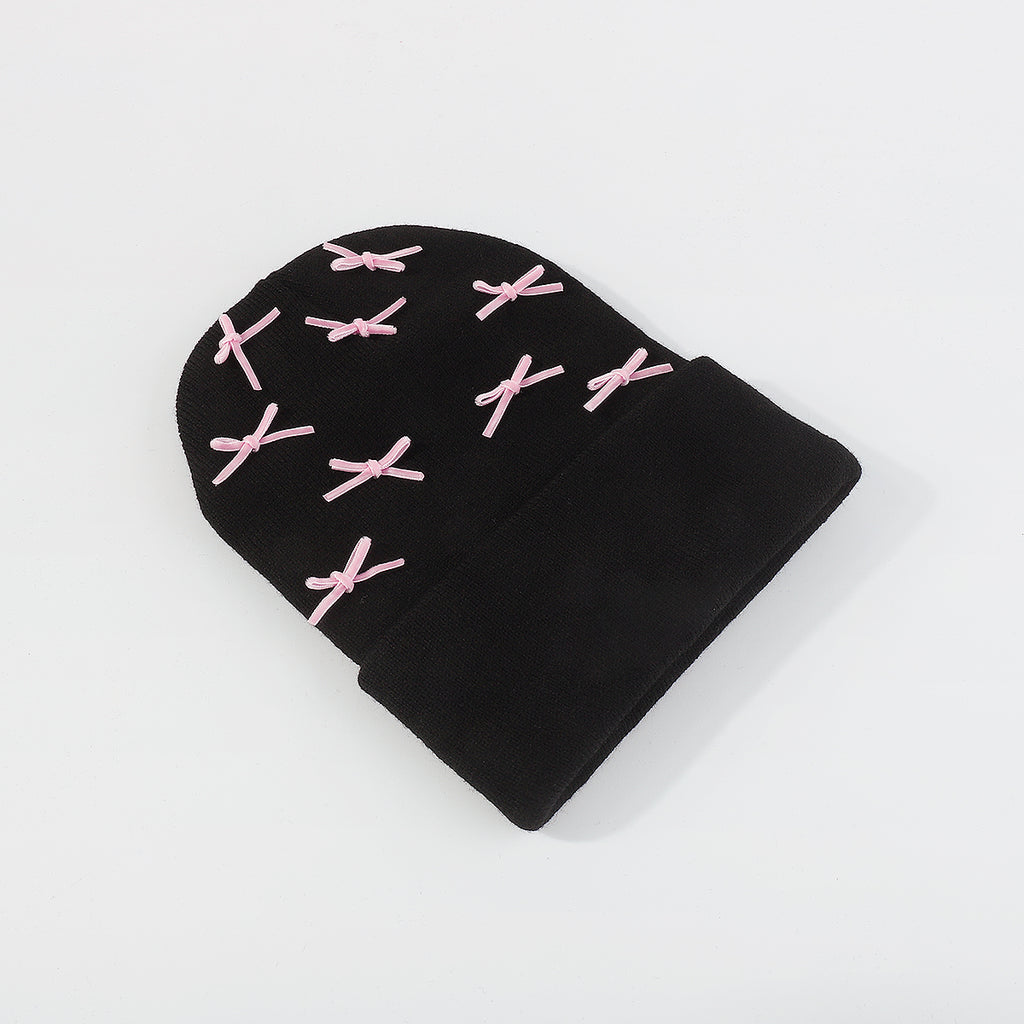 Q0289 Pink Bowtie Knitted Black Cuffed Beanie Hat