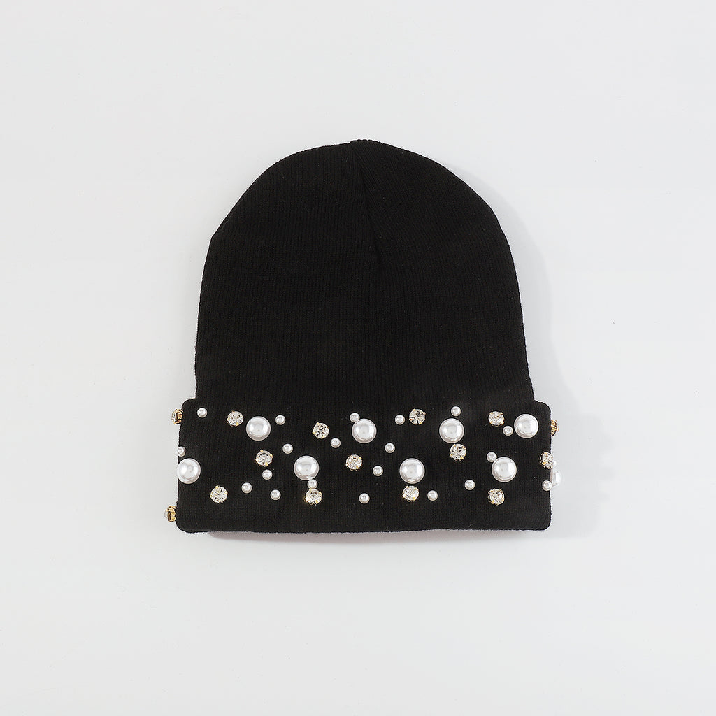 Q0291 Rhinestone Pearls Knitted Cuffed Beanie Hat