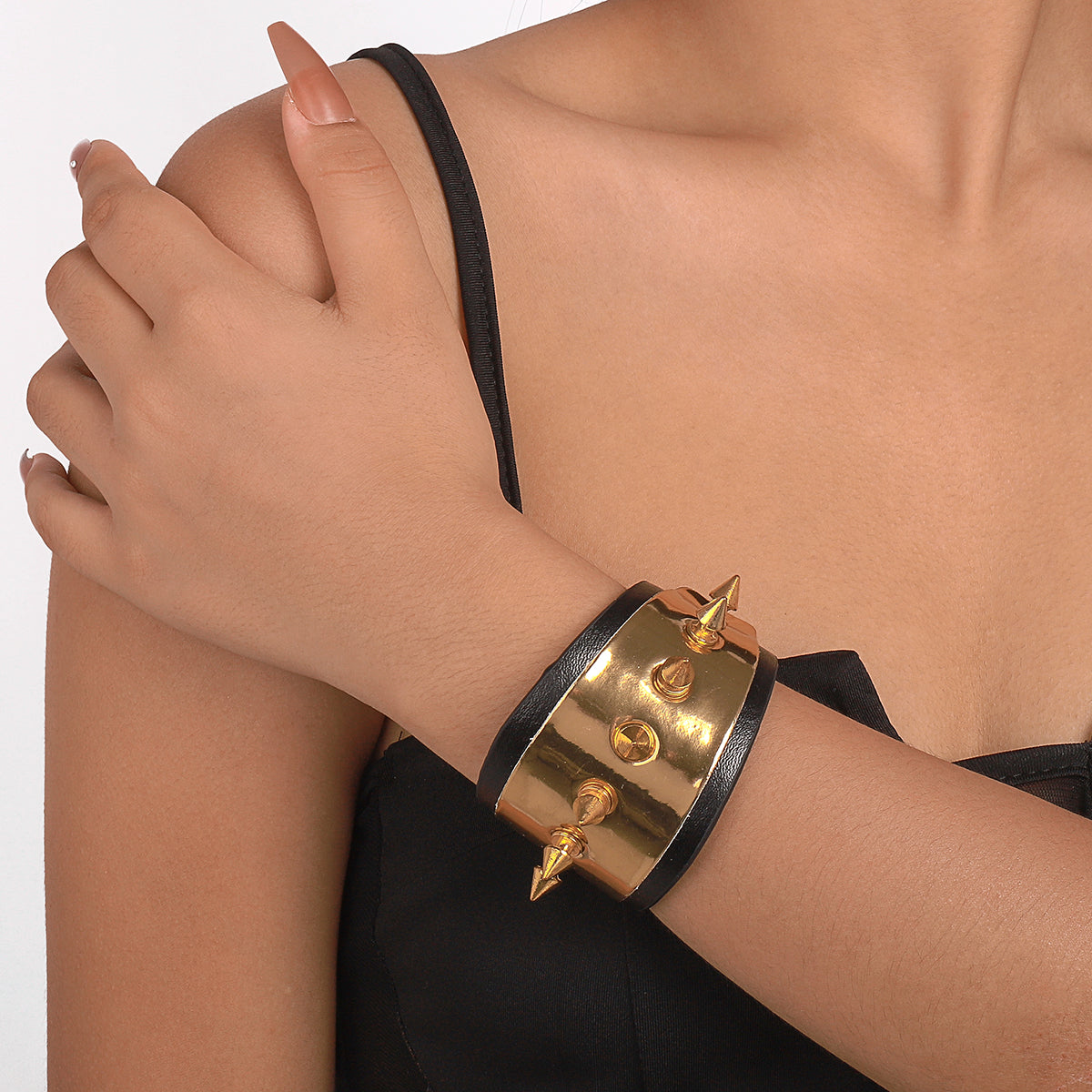 Gold Rivet Wide Cuff Leather Bracelet medyjewelry