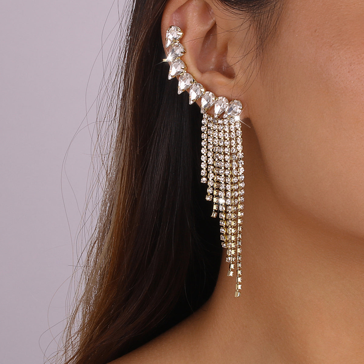 Shiny Rhinestone Chain Long Tassel Drop Earrings medyjewelry