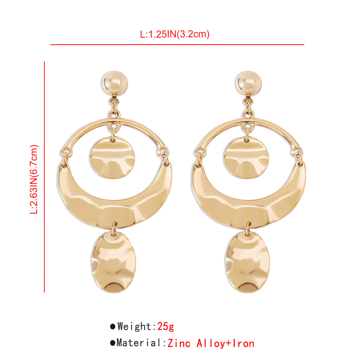 Shinny Gold Plated Hammered Round Pendant Earrings medyjewelry