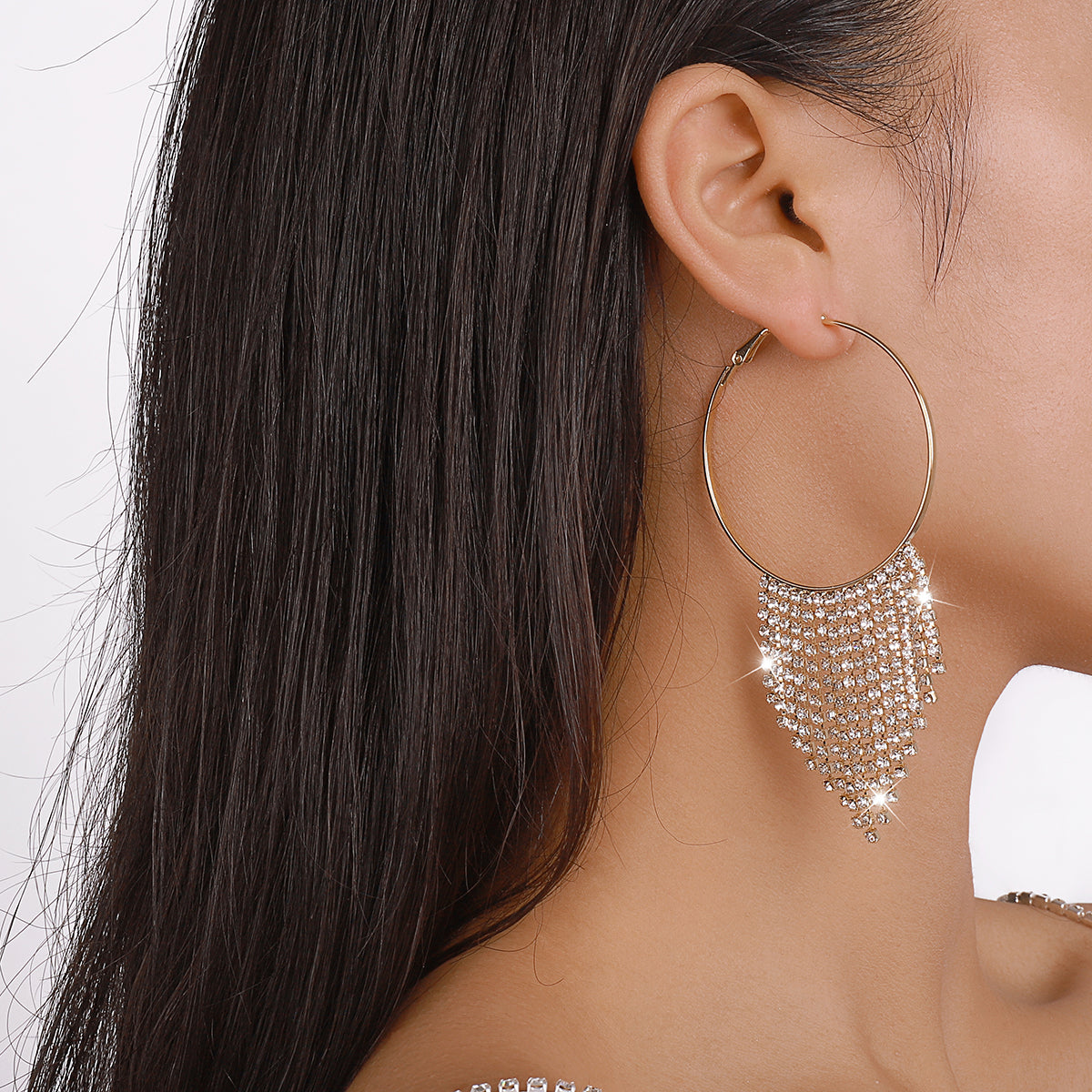 Sparkly Rhinestone Big Round Tassel Hoop Earrings medyjewelry