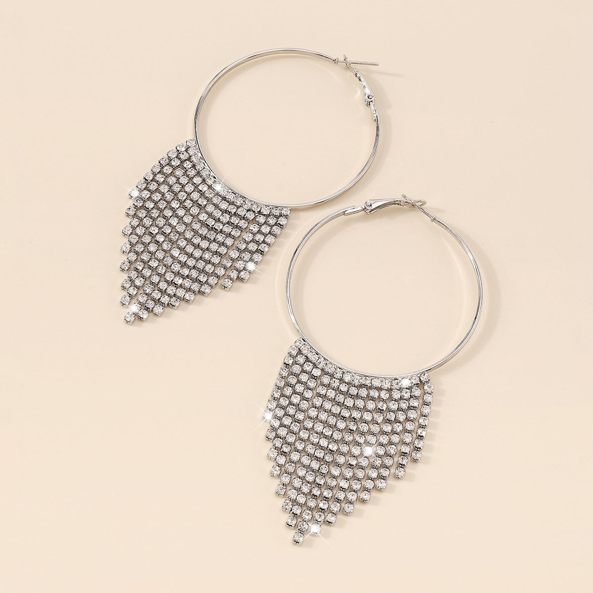 Sparkly Rhinestone Big Round Tassel Hoop Earrings medyjewelry