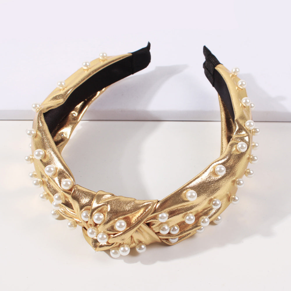 Top Knot Metallic Faux Leather with Pearl Headband medyjewelry