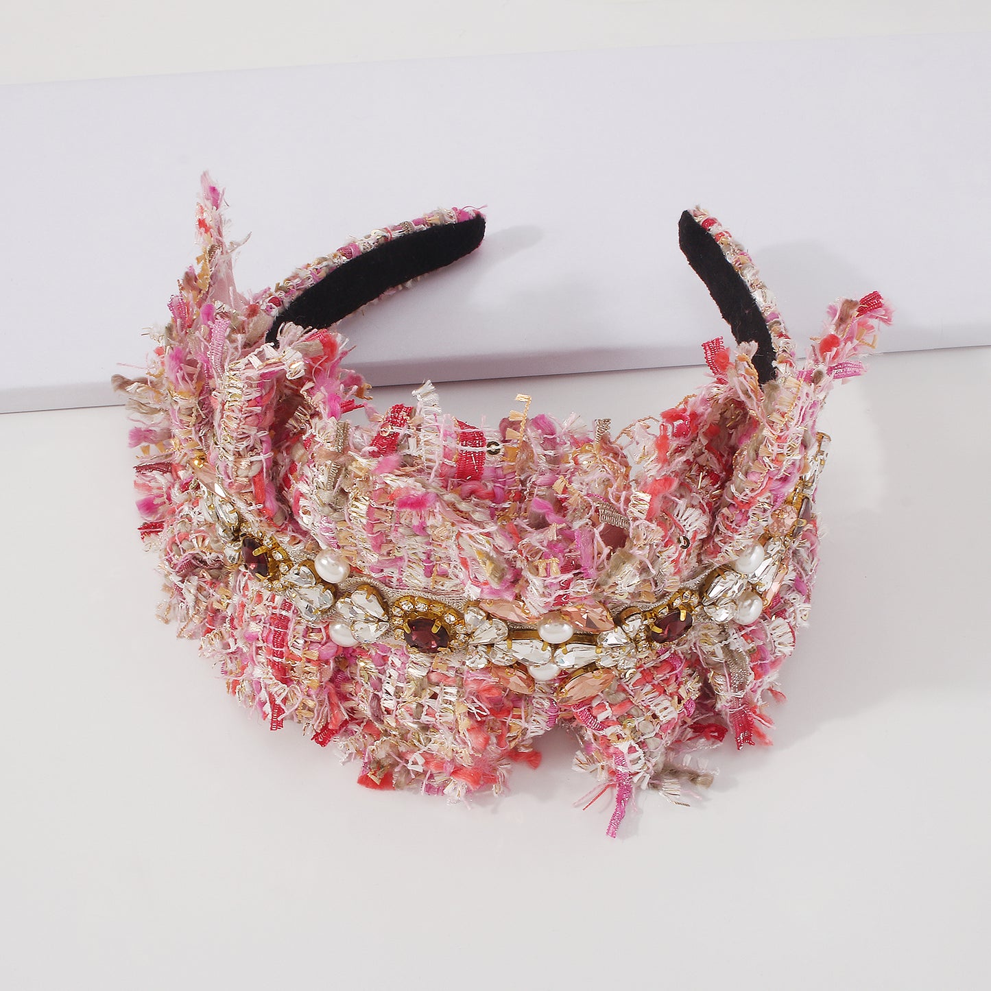Elegant Tweed Fabric Crystal Pearl Headband medyjewelry