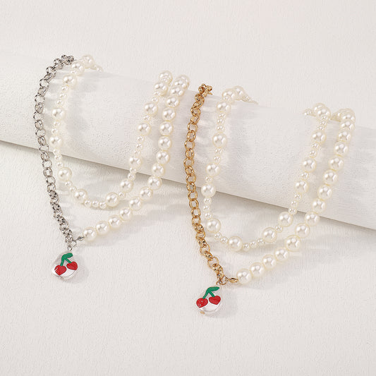 Half Pearl Half Chain Print Cherry Necklace medyjewelry
