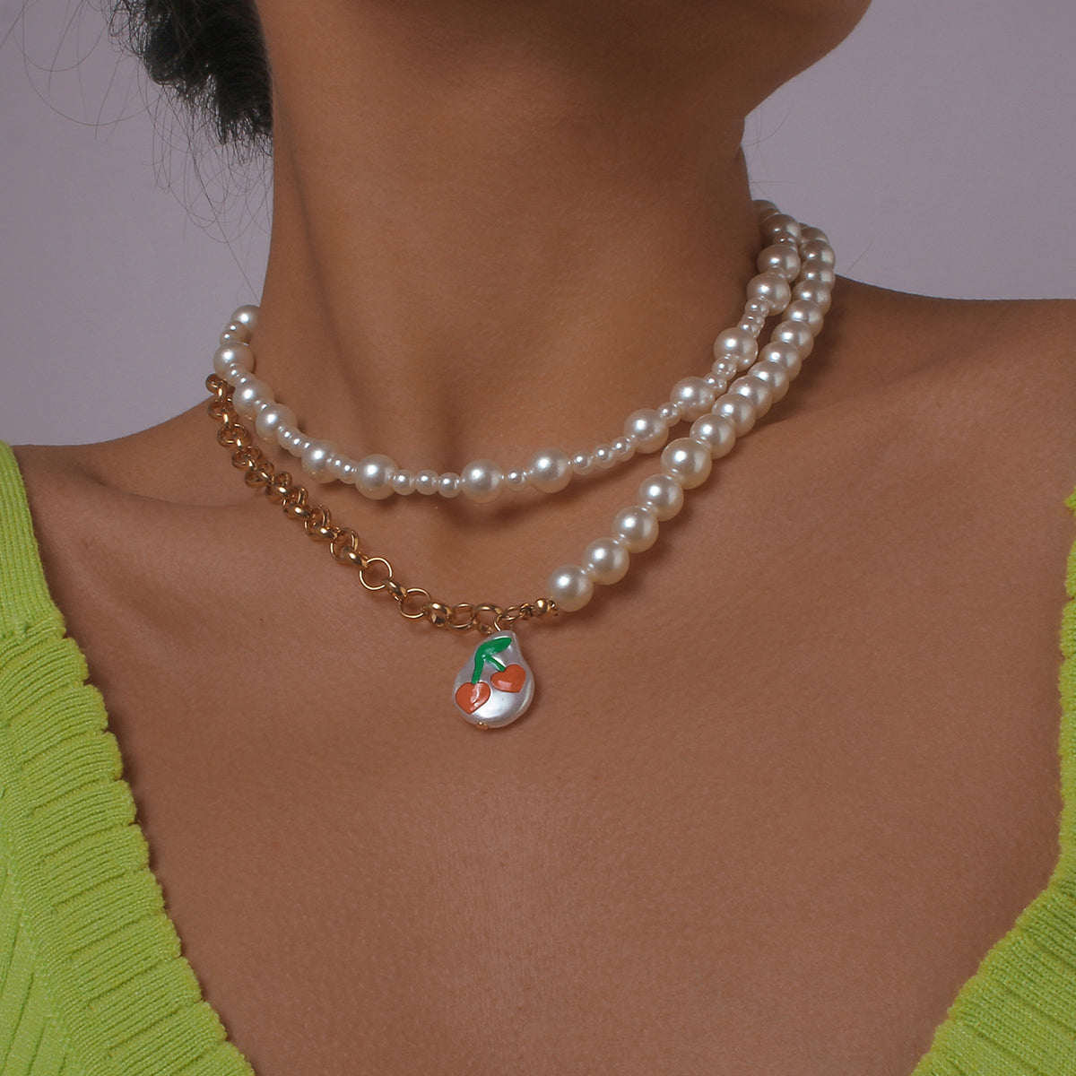 Half Pearl Half Chain Print Cherry Necklace medyjewelry