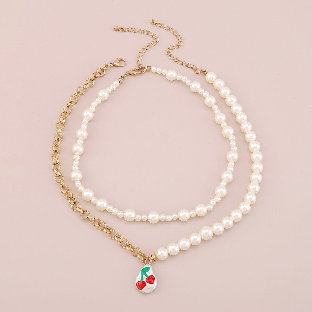Half Pearl Half Chain Print Cherry Necklace medyjewelry