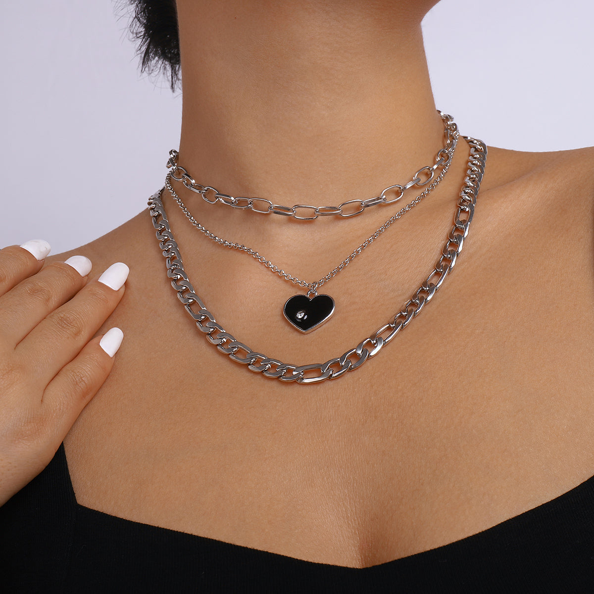 Punk Layered Chain Enamel Heart Pendant Necklace medyjewelry