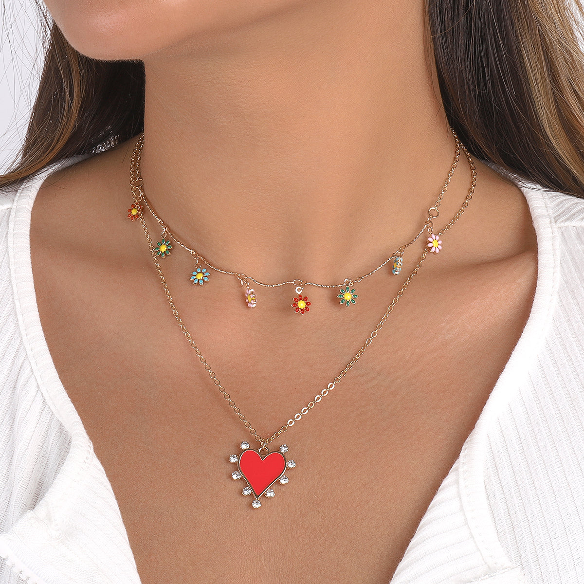 Bohemian Floral Red Enamel Heart Pendant Necklace medyjewelry