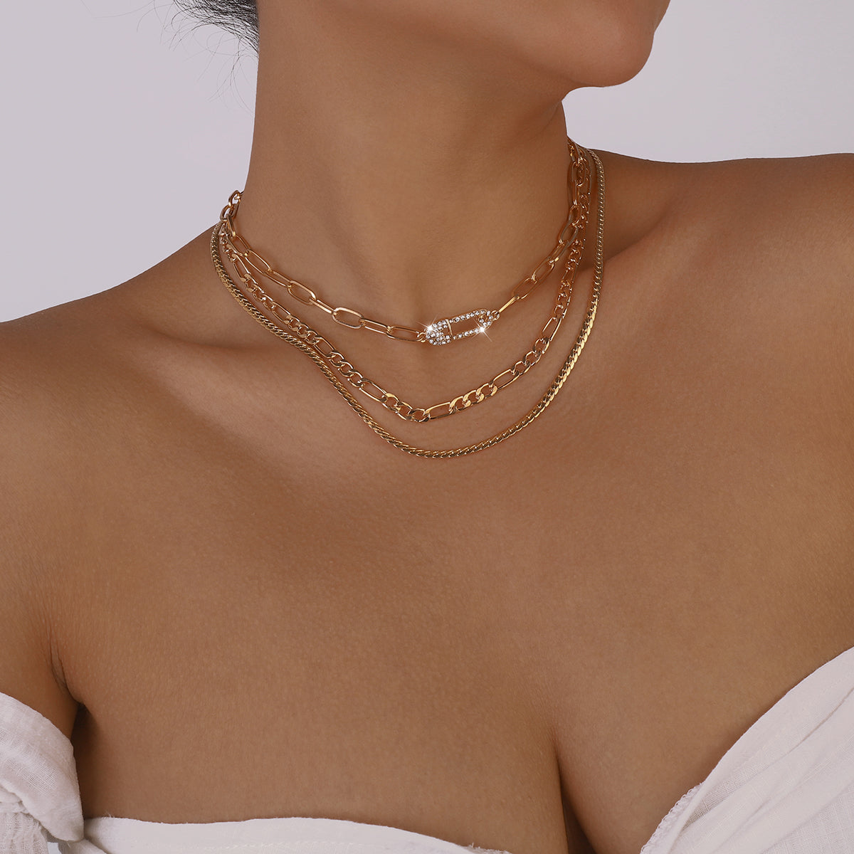 Layered Rhinestone Safety Pin Chain Necklaces medyjewelry