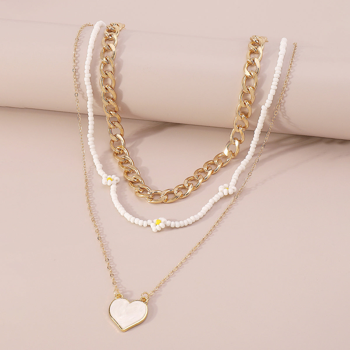Boho Flower Beaded Chain Pink Heart Necklace medyjewelry