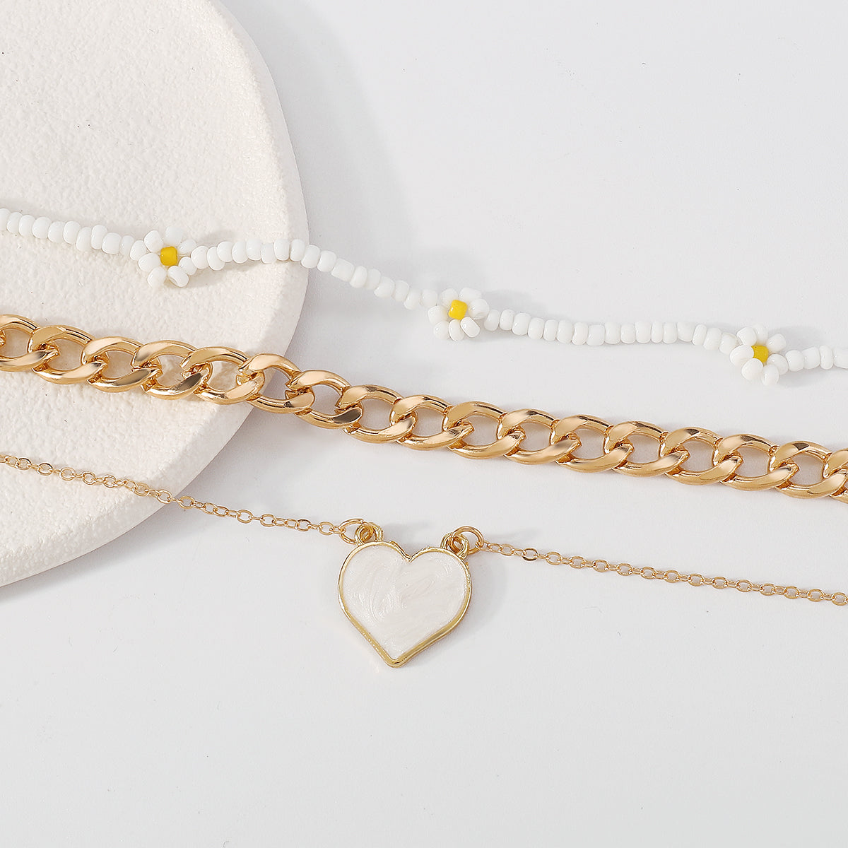 Boho Flower Beaded Chain Pink Heart Necklace medyjewelry