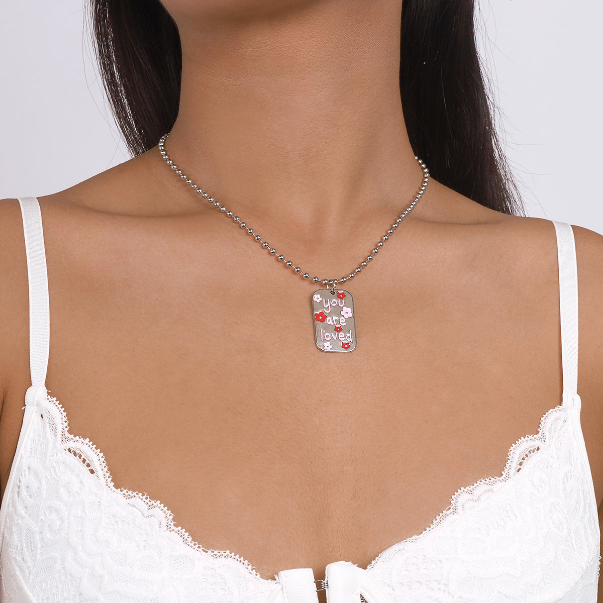 Square Enamel Floarl Pendant Necklace medyjewelry